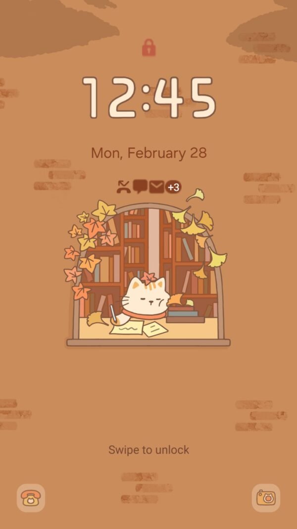 Samsung Themes: ❤️Mun❤️ Cozy Autumn ~❤️ Premium Theme a cute cat with a scarf in a bookshelf window screen shot 1