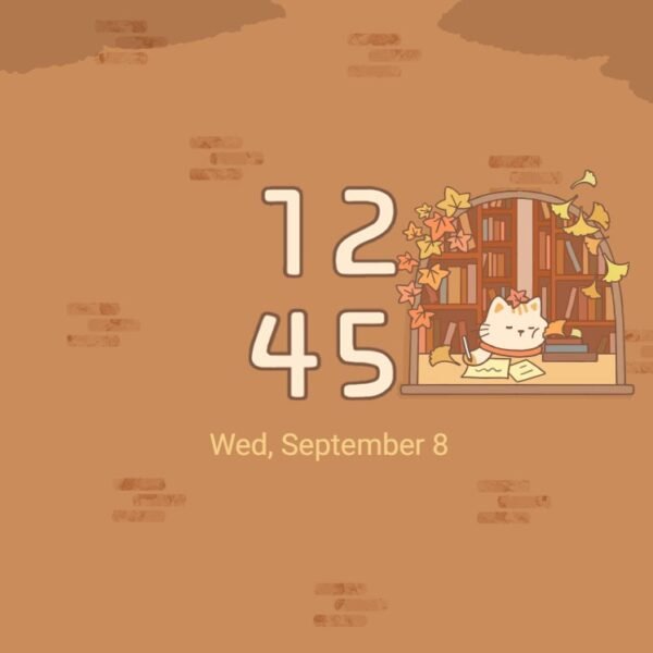 Samsung Themes: ❤️Mun❤️ Cozy Autumn ~❤️ Premium Theme a cute cat with a scarf in a bookshelf window screen shot 7