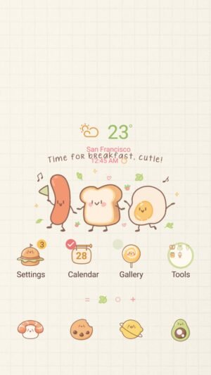 Samsung Themes: [Sim] Breakfast Vibes ~ Premium Theme cheerful sausage, toast, and egg celebrate a fun, musical morning meal screen shot 0