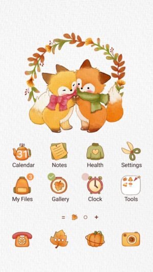 Samsung Themes: [Sim] Cozy Foxes ~ Premium Theme two foxes in scarves cuddle under autumn leaves in a warm embrace screen shot 0