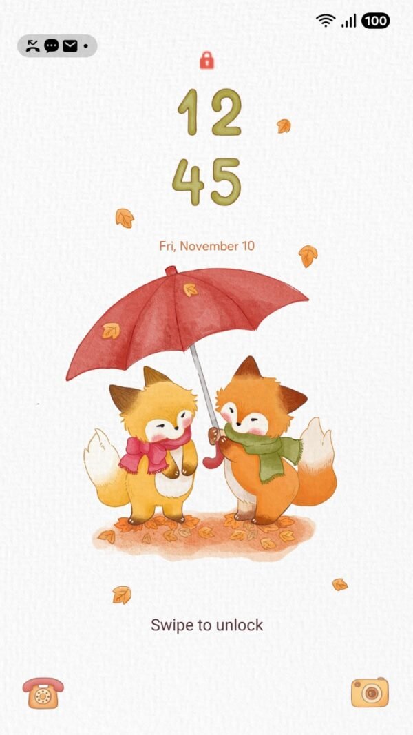 Samsung Themes: [Sim] Cozy Foxes ~ Premium Theme two foxes in scarves cuddle under autumn leaves in a warm embrace screen shot 1