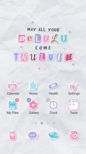 Samsung Themes: ❤️Mun❤️ Delulu Manifest ~❤️ Premium Theme playful cut out letters with pastel tones spread joy and self-belief screen shot 0