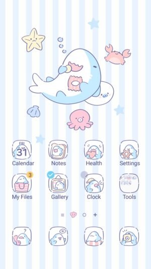 Samsung Themes: ❤️Mun❤️ Ocean Friends Animated ~❤️ Premium Animated Theme a cute dolphin with moving sea creatures on a striped background screen shot 0
