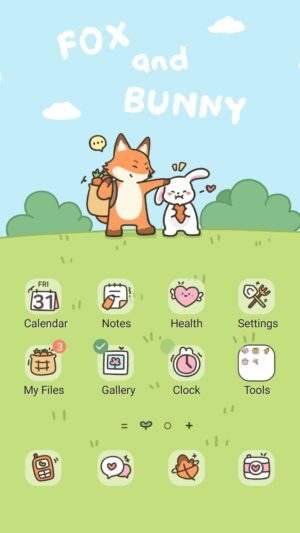 Samsung Themes: ❤️Mun❤️ Fox and Bunny ~❤️ Premium Theme cute fox and bunny with carrots on grassy hill screen shot 0