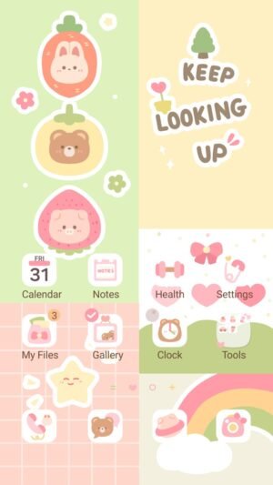 Samsung Themes: ❤️Mun❤️ Cheerful Patchwork ~❤️ Premium Theme sweet animal fruits, hearts, rainbow and a motivational quote in soft colors screen shot 0