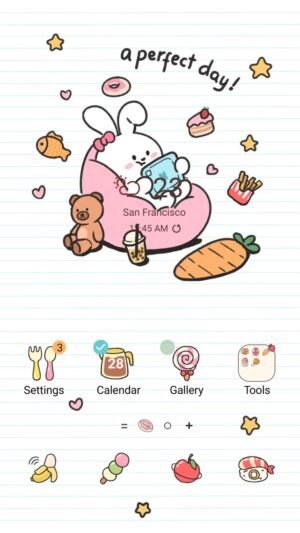 Samsung Themes: [Sim] Cozy Bunny ~ Premium Theme a bunny relaxes in a beanbag with a carrot, teddy, and warm lamp screen shot 0