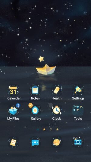 Samsung Themes: [Sim] Star Voyage ~ Premium Theme a glowing paper boat drifts beneath a dreamy night sky full of stars screen shot 0