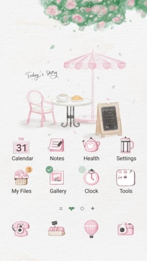 Samsung Themes: ❤️Mun❤️ Coffee Moment ~❤️ Premium Theme a charming cafe scene with coffee, pastries, and falling petals screen shot 0