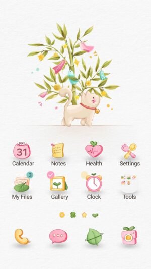 Samsung Themes: ❤️Mun❤️ Lucky Pet ~❤️ Premium Theme cute cat sleeping by tree with luck charms and leaves screen shot 0
