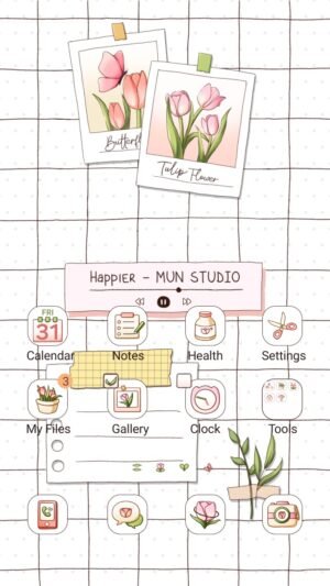 Samsung Themes: ❤️Mun❤️ Tulip Notes ~❤️ Premium Theme sweet tulip sketches, memo paper and music player on grid background screen shot 0