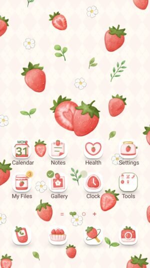Samsung Themes: ❤️Mun❤️ Strawberry Vibes Video ~❤️ Premium Video Theme strawberries and tiny flowers on a soft diamond background pattern screen shot 0