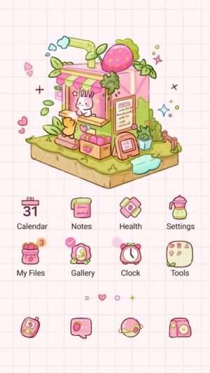 Samsung Themes: ❤️Mun❤️ Bunny Coffee Shop ~❤️ Premium Theme a tiny pink bunny coffee shop selling strawberry drinks in a magical garden screen shot 0