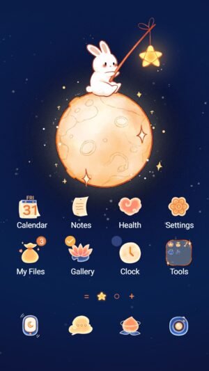 Samsung Themes: ❤️Mun❤️ Moonlight Bunny ~❤️ Premium Theme a bunny sits on the moon fishing for glowing stars in the night sky screen shot 0