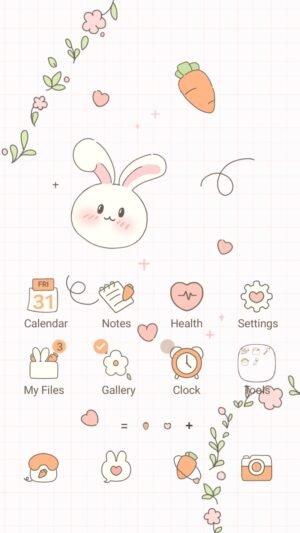 Samsung Themes: [Sim] Bunny Whimsy ~ Premium Video Theme a blushing bunny floats among hearts, carrots and floral doodles screen shot 0