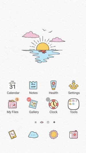 Samsung Themes: ❤️Mun❤️ Island Sunset ~❤️ Premium Theme a tiny beach scene with coconut trees and a glowing orange sunset screen shot 0