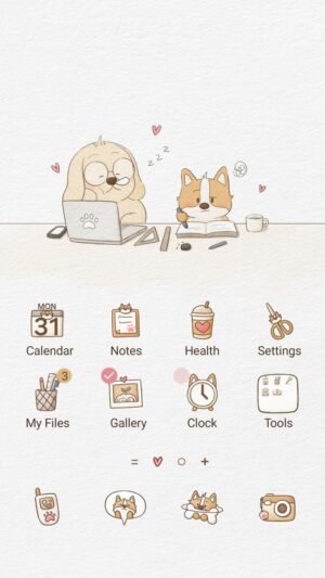 Samsung Themes: ❤️Mun❤️ Cute Study Buddies ~❤️ Premium Video Theme two cute dogs working on laptop and drawing screen shot 0