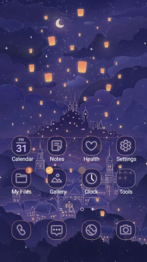 Samsung Themes: ❤️Mun❤️ Lantern Night ~❤️ Premium Theme glowing lanterns rise above a dreamy town under a starlit sky screen shot 0
