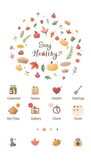 Samsung Themes: [Sim] Healthy Autumn ~ Premium Theme a wreath of fall fruits and veggies with “Stay Healthy” in the center screen shot 0