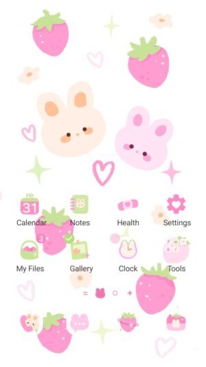 Samsung Themes: ❤️Mun❤️ Strawberry Bunnies ~❤️ Premium Theme cute bunny faces and strawberries scattered in a pastel pattern screen shot 0