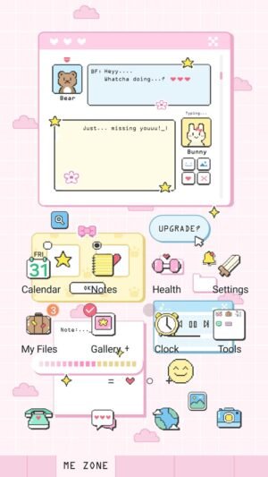 Samsung Themes: ❤️Mun❤️ Pixel Love Chat ~❤️ Premium Theme cute bear and bunny exchange sweet texts in pastel pixel windows screen shot 0