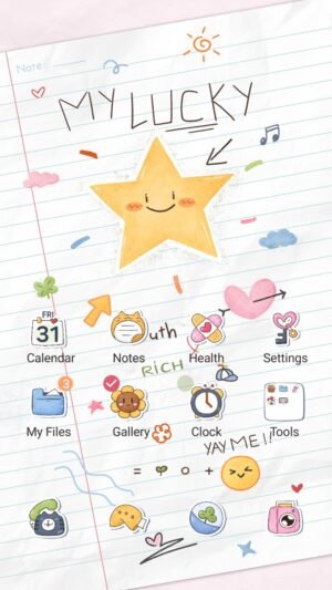 Samsung Themes: ❤️Mun❤️ Lucky Star Notes ~❤️ Premium Theme a cheerful doodle page with a smiling star and playful icons screen shot 0