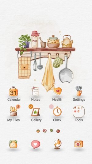 Samsung Themes: ❤️Mun❤️ Kitchen Shelf ~❤️ Premium Theme a warm kitchen shelf with pots, utensils and homely details screen shot 0