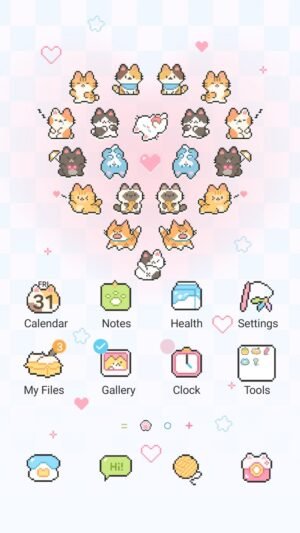 Samsung Themes: ❤️Mun❤️ Pixel Cats ~❤️ Premium Theme a cluster of tiny pixel cats forms a heart surrounded by pastel symbols screen shot 0