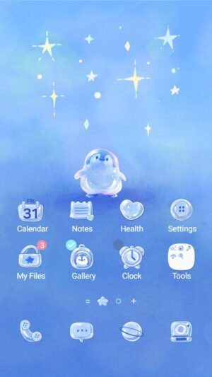 Samsung Themes: ❤️Mun❤️ Crystal Penguin ~❤️ Premium Theme a shimmering penguin sparkles softly beneath glowing stars in the night sky screen shot 0