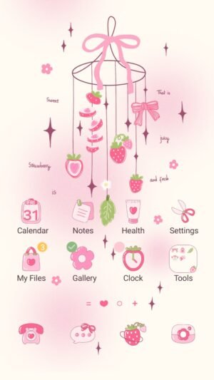Samsung Themes: ❤️Mun❤️ Strawberry Wind Chimes ~❤️ Premium Theme delicate strawberry charms dangle like wind chimes, spreading sweetness screen shot 0