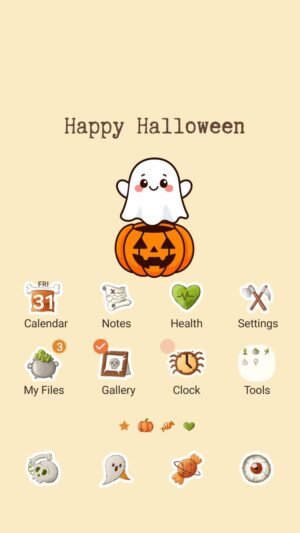 Samsung Themes: [Sim] Cute Pumpkin Ghost ~ Premium Video Theme a smiling ghost pops out of a pumpkin, bringing cute Halloween cheer screen shot 0