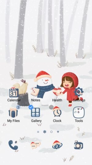 Samsung Themes: [Sim] Winter Forest Fun ~ Premium Theme a cheerful girl builds a snowman amid softly falling snow screen shot 0