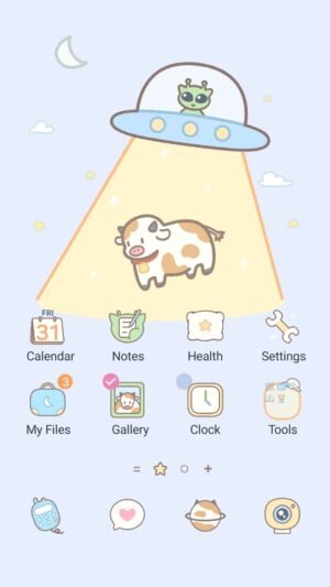 Samsung Themes: ❤️Mun❤️ Alien Cow Adventure ~❤️ Premium Theme cute cow abducted by alien ufo under starry sky screen shot 0