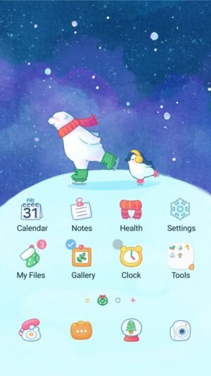 Samsung Themes: ❤️Mun❤️ Winter Skating ~❤️ Premium Theme a penguin and bear glide together joyfully on a snowy night screen shot 0
