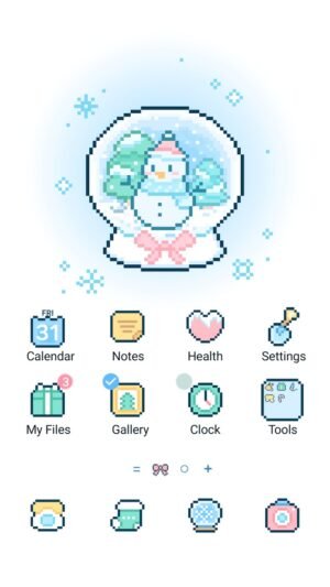 Samsung Themes: ❤️Mun❤️ Pixel Snow Globe ~❤️ Premium Theme a charming snowman glows inside a tiny sparkling snow globe screen shot 0