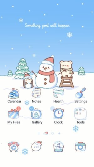 Samsung Themes: ❤️Mun❤️ Snowy Winter Friends ~❤️ Premium Theme a snowman, bear and penguin share warmth under falling snowflakes screen shot 0