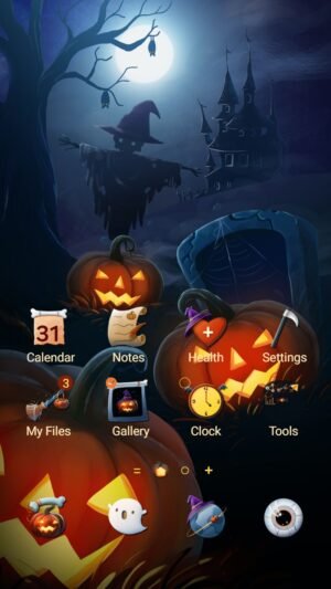 Samsung Themes: [Sim] Halloween Night Pumpkins ~ Premium Theme glowing jack-o'-lanterns light a spooky night with haunted charm screen shot 0