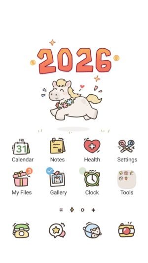 Samsung Themes: ❤️Mun❤️ Happy 2026 with Pony ~❤️ Premium Theme a cheerful pony runs into 2026 with flowers and joy screen shot 0