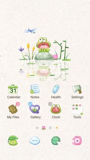 Samsung Themes: ❤️Mun❤️ Pond Frog ~❤️ Premium Theme a cute frog sits peacefully by a pond with tiny flowers and dragonfly screen shot 0