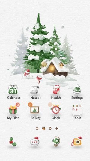 Samsung Themes: ❤️Mun❤️ Snowy Winter Cottage ~❤️ Premium Theme a warm cottage surrounded by snow-covered trees and soft winter light screen shot 0