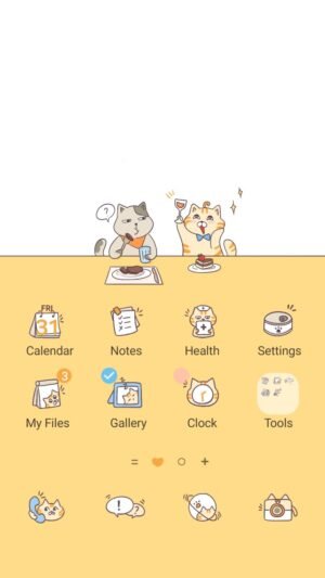 Samsung Themes: ❤️Mun❤️ Cat Dinner Time ~❤️ Premium Theme two cute cats enjoy dinner together on a simple yellow table screen shot 0