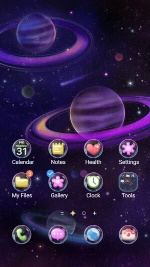 Samsung Themes: ❤️Mun❤️ Cosmic Dream Galaxy ~❤️ Premium Theme glowing planets float in a magical, star-filled galaxy screen shot 0