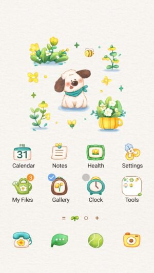 Samsung Themes: ❤️Mun❤️ Blooming Puppy ~❤️ Premium Theme a cute puppy surrounded by yellow flowers in a cheerful garden screen shot 0