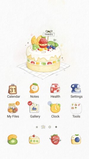 Samsung Themes: ❤️Mun❤️ Sweet Fruit Cake ~❤️ Premium Theme a soft pastel cake topped with colorful fresh fruits screen shot 0