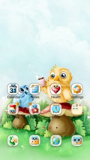 Samsung Themes: [Sim] Spring Birds ~ Premium Theme two birds relax on a mushroom surrounded by blooming flowers screen shot 0