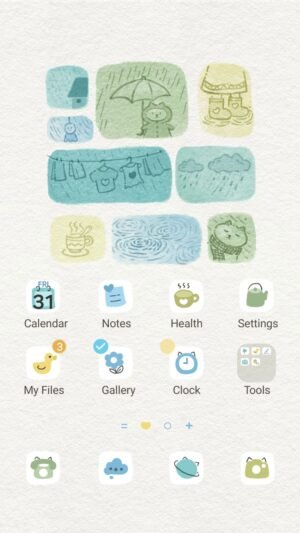 Samsung Themes: ❤️Mun❤️ Rainy Day ~❤️ Premium Theme soft watercolor icons capturing cozy moments on a gentle, rainy afternoon screen shot 0