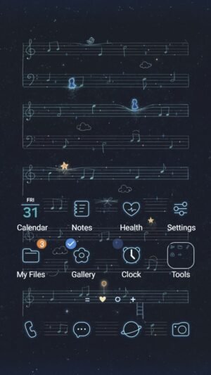 Samsung Themes: ❤️Mun❤️ Starlight Melody ~❤️ Premium Theme gentle music notes drifting through a quiet starry night screen shot 0