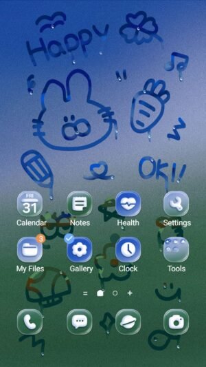 Samsung Themes: ❤️Mun❤️ Rainy Glass Doodles ~❤️ Premium Theme finger drawings of a rabbit and icons on a steamy window screen shot 0