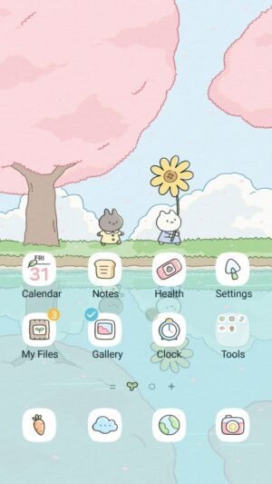 Samsung Themes: ❤️Mun❤️ Bunny Sakura Spring ~❤️ Premium Theme sweet bunnies strolling under cherry blossoms by a calm riverside screen shot 0