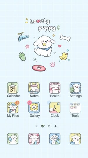 Samsung Themes: ❤️Mun❤️ Lovely Puppy ~❤️ Premium Theme cheerful puppy surrounded by toys on a soft grid background screen shot 0