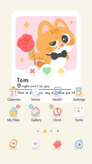 Samsung Themes: ❤️Mun❤️ Dating Cat ~❤️ Premium Theme cute orange cat holding a rose on a dating app profile screen shot 0